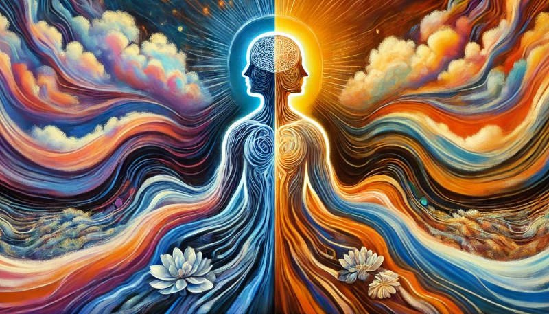 Abstract image of a figure transitioning from a dark, divided side to a bright, harmonious side, symbolizing the shift from dualistic mind to awakening.