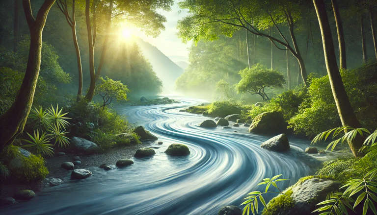 Serene flowing river surrounded by lush greenery and sunlight, symbolizing harmony and effortless movement.