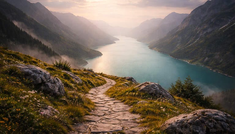 A winding path made of natural grey stones leading toward a lake under a soft, hazy sky.
