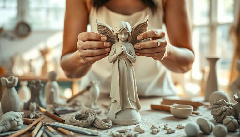 Woman sculpting a detailed angel figurine from clay in a bright studio surrounded by sculpting tools and clay pieces.